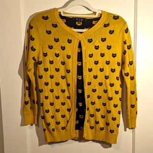 Mustard Yellow & Black Cat Print Cardigan by Mak
